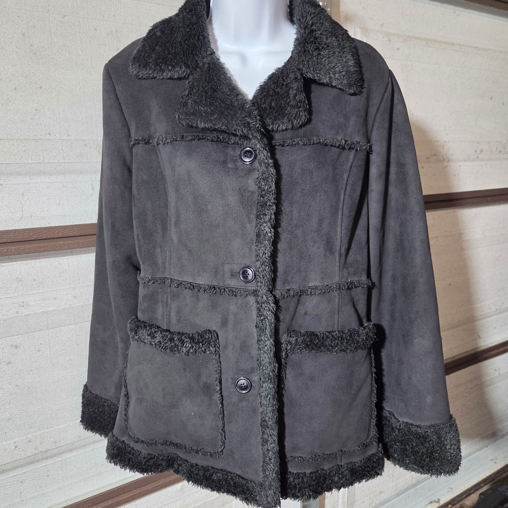Mudd Black Faux Suede Fur Trim Jacket Y2K Faux Velvet Coat Large K25145
